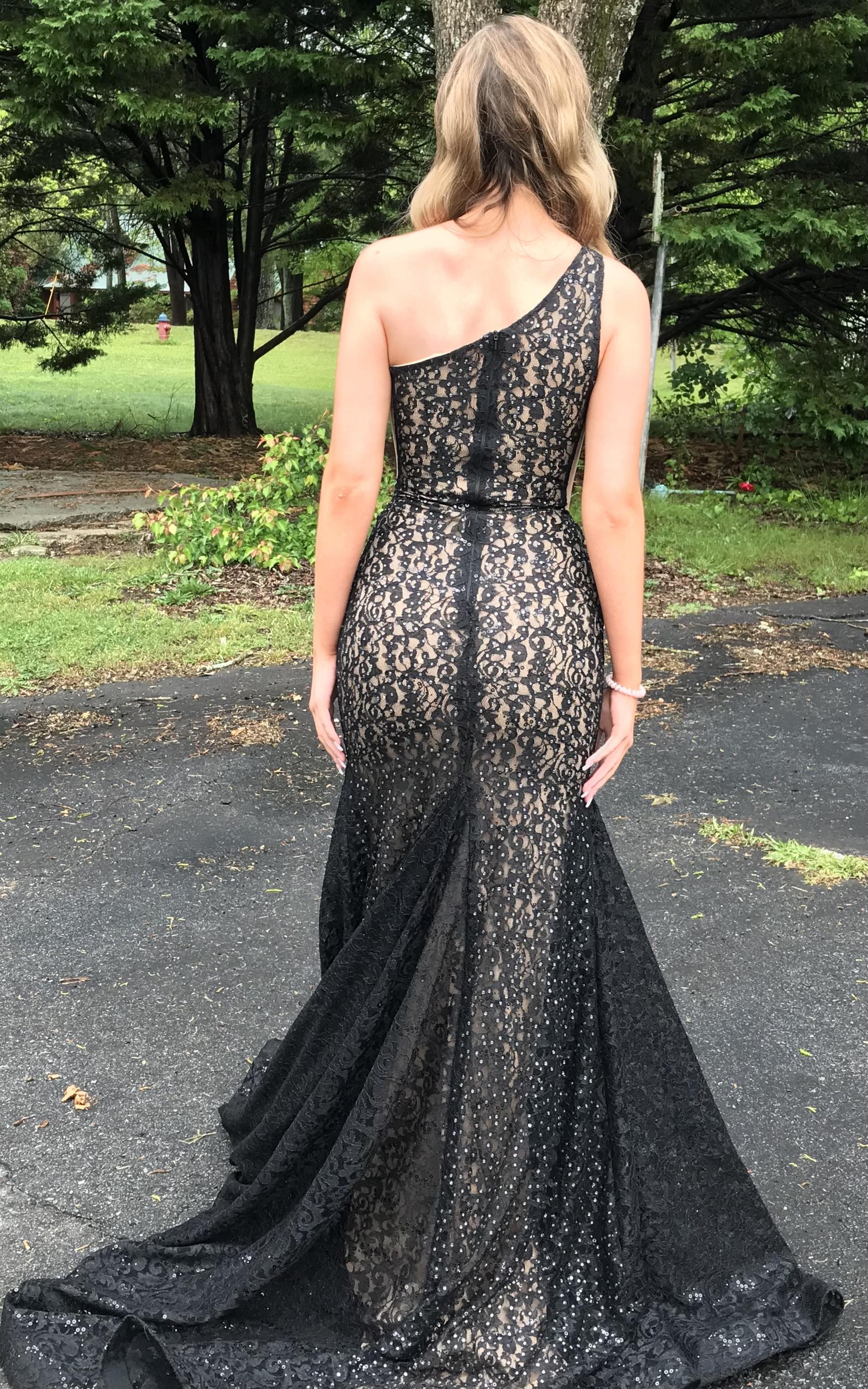 Jovani Size 0 Prom One Shoulder Lace Black Mermaid Dress on Queenly