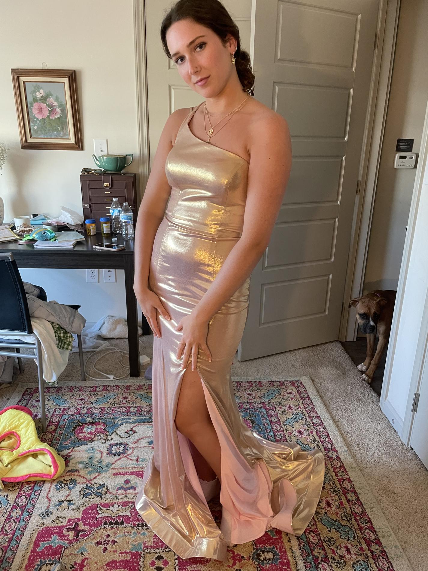 Size 4 Prom One Shoulder Rose Gold Side Slit Dress on Queenly