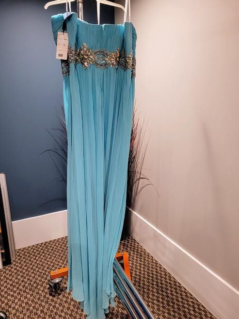 Style 6518W Madison James Blue Size 28 Tall Height Strapless Prom Side slit Dress on Queenly