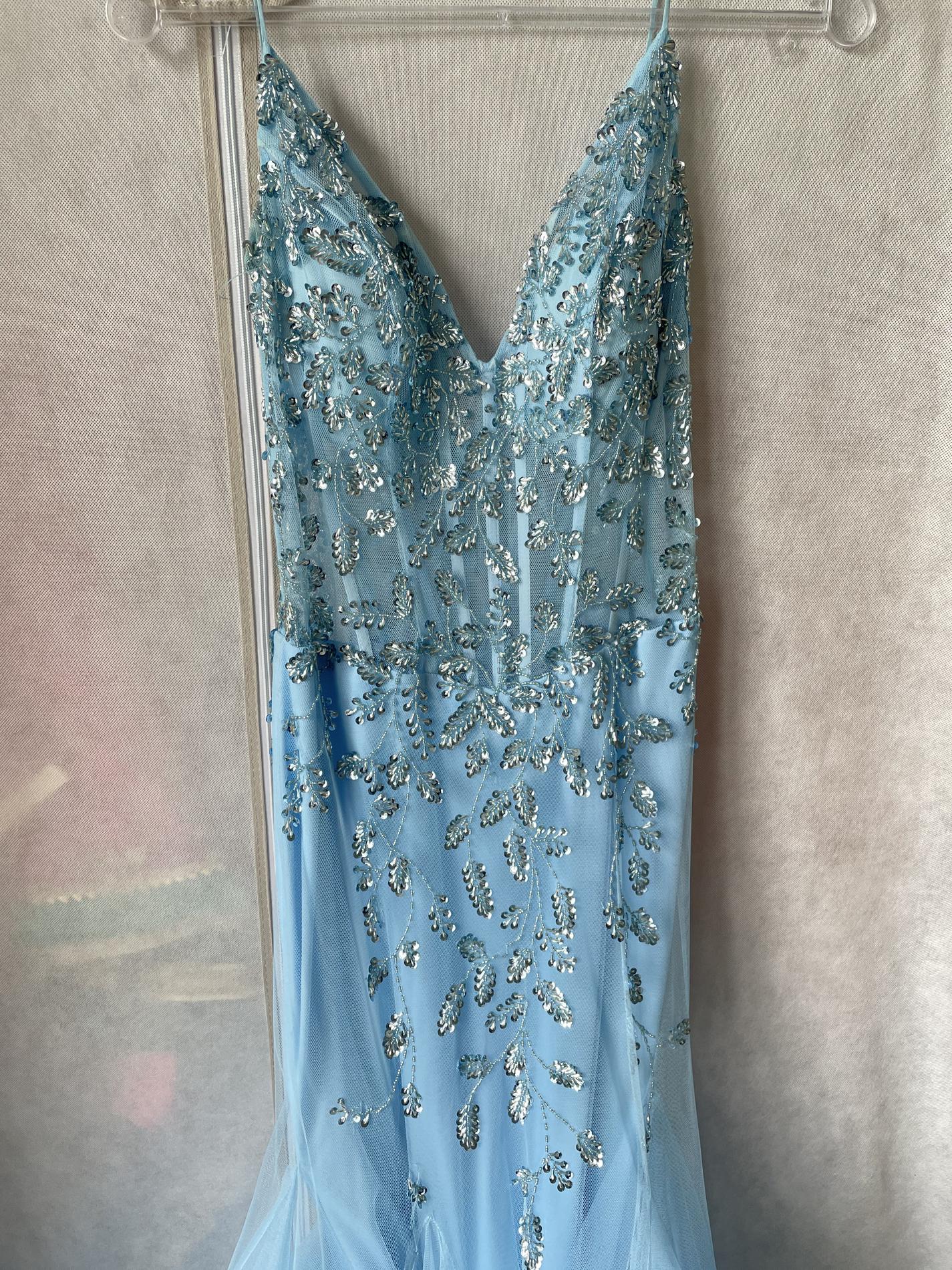 Castle Couture Size 2 Prom Plunge Sheer Light Blue Cocktail Dress on Queenly