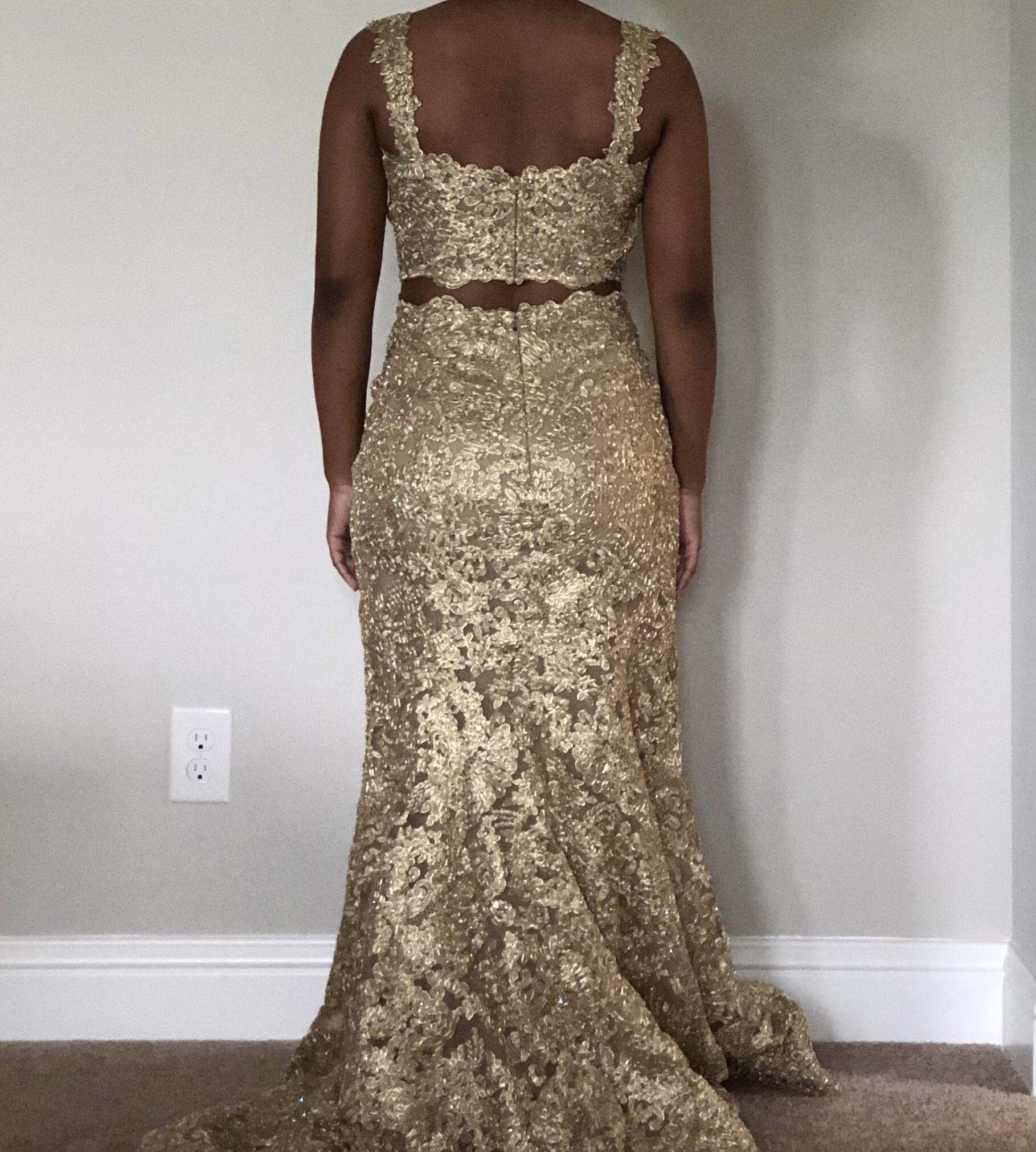 Sherri Hill Size 6 Prom Lace Gold Mermaid Dress on Queenly