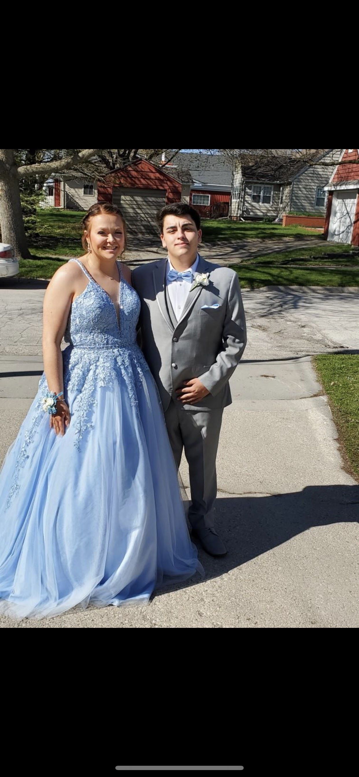 Jovani Size 14 Prom Lace Light Blue Ball Gown on Queenly