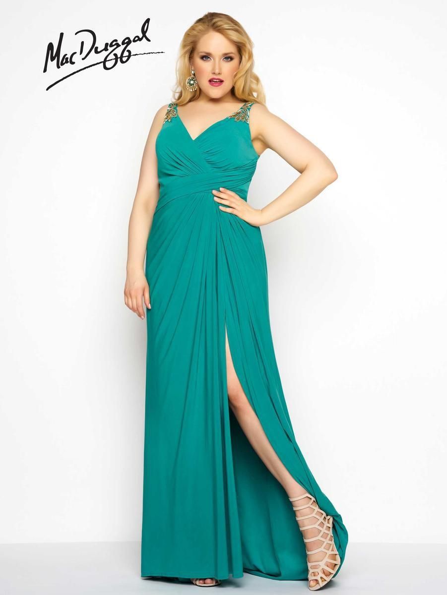 Style 65982F Mac Duggal Plus Size 20 Prom Plunge Green Side Slit Dress on Queenly