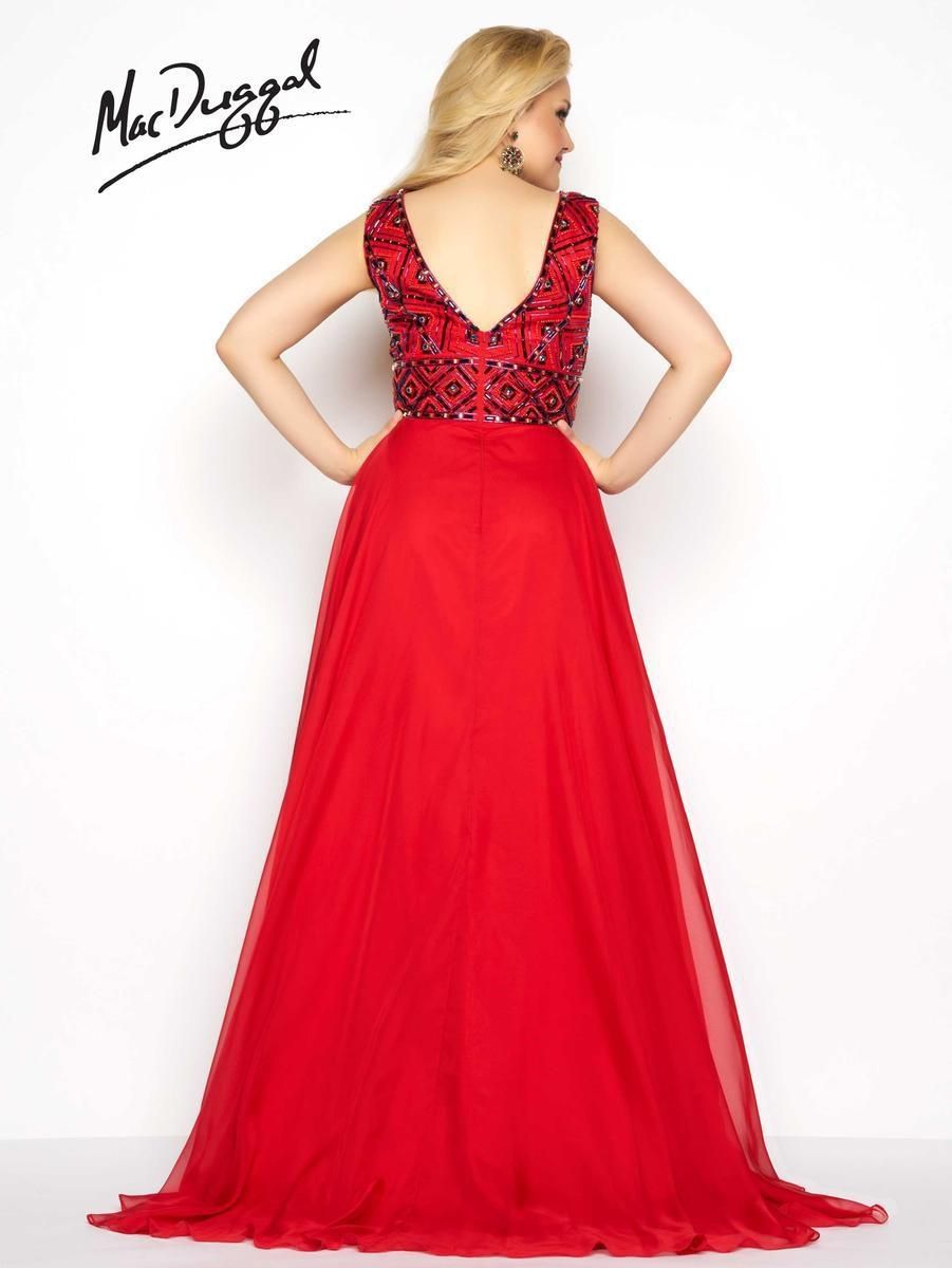 Style 65970F Mac Duggal Red Size 14 Silk Plus Size Tulle Side slit Dress on Queenly