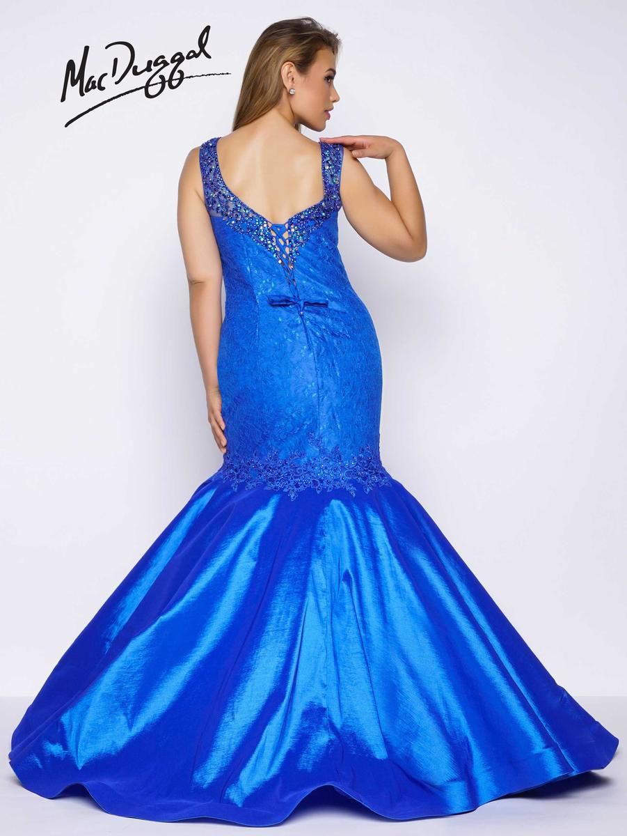 Style 77178F Mac Duggal Blue Size 24 Shiny V Neck Plus Size Mermaid Dress on Queenly