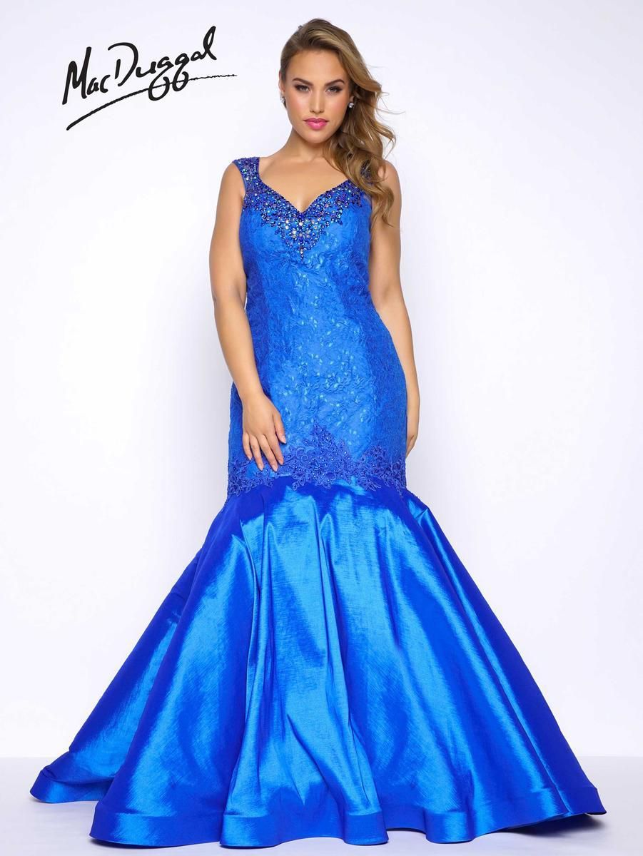 Style 77178F Mac Duggal Plus Size 24 Prom Lace Royal Blue Mermaid Dress on Queenly