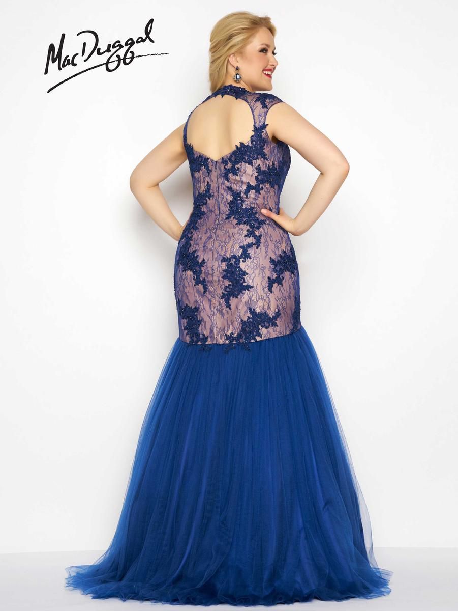 Style 65478F Mac Duggal Plus Size 16 Prom Cap Sleeve Lace Navy Blue Mermaid Dress on Queenly