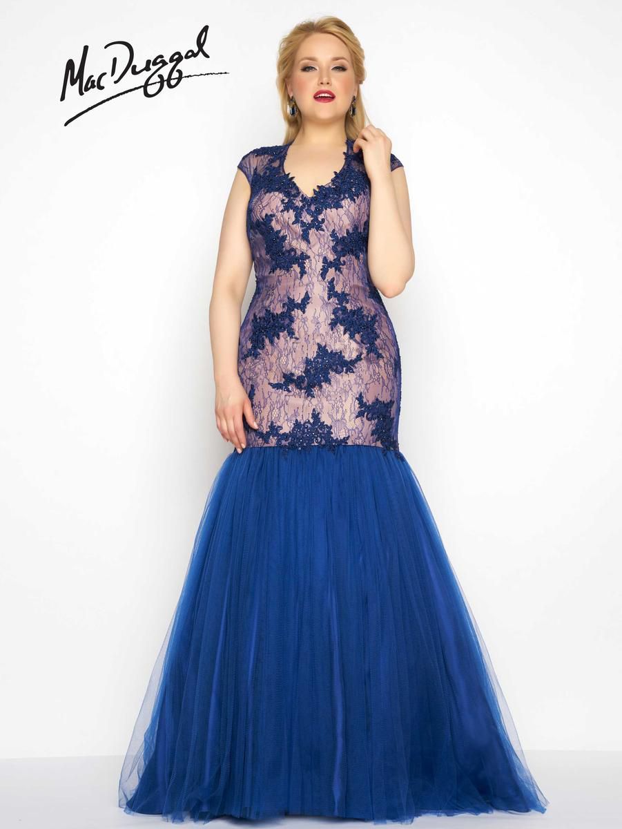 Style 65478F Mac Duggal Plus Size 16 Prom Cap Sleeve Lace Navy Blue Mermaid Dress on Queenly