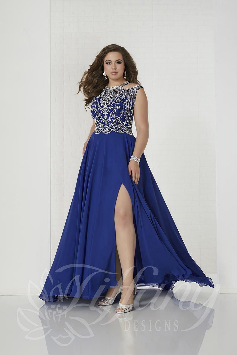 Style 16313 Tiffany Designs Plus Size 18 Prom Lace Royal Blue Side Slit Dress on Queenly