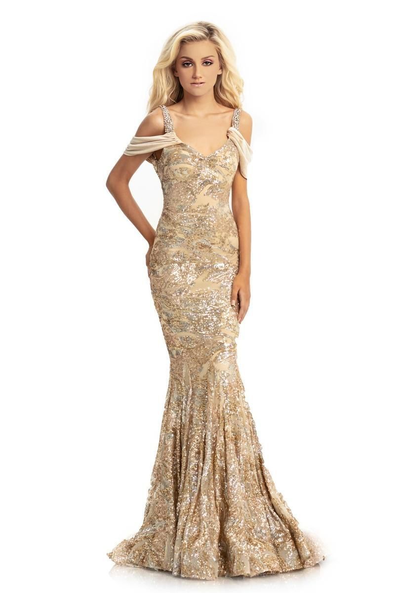 Style 9013 Johnathan Kayne Size 6 Prom Off The Shoulder Velvet Gold Mermaid Dress on Queenly