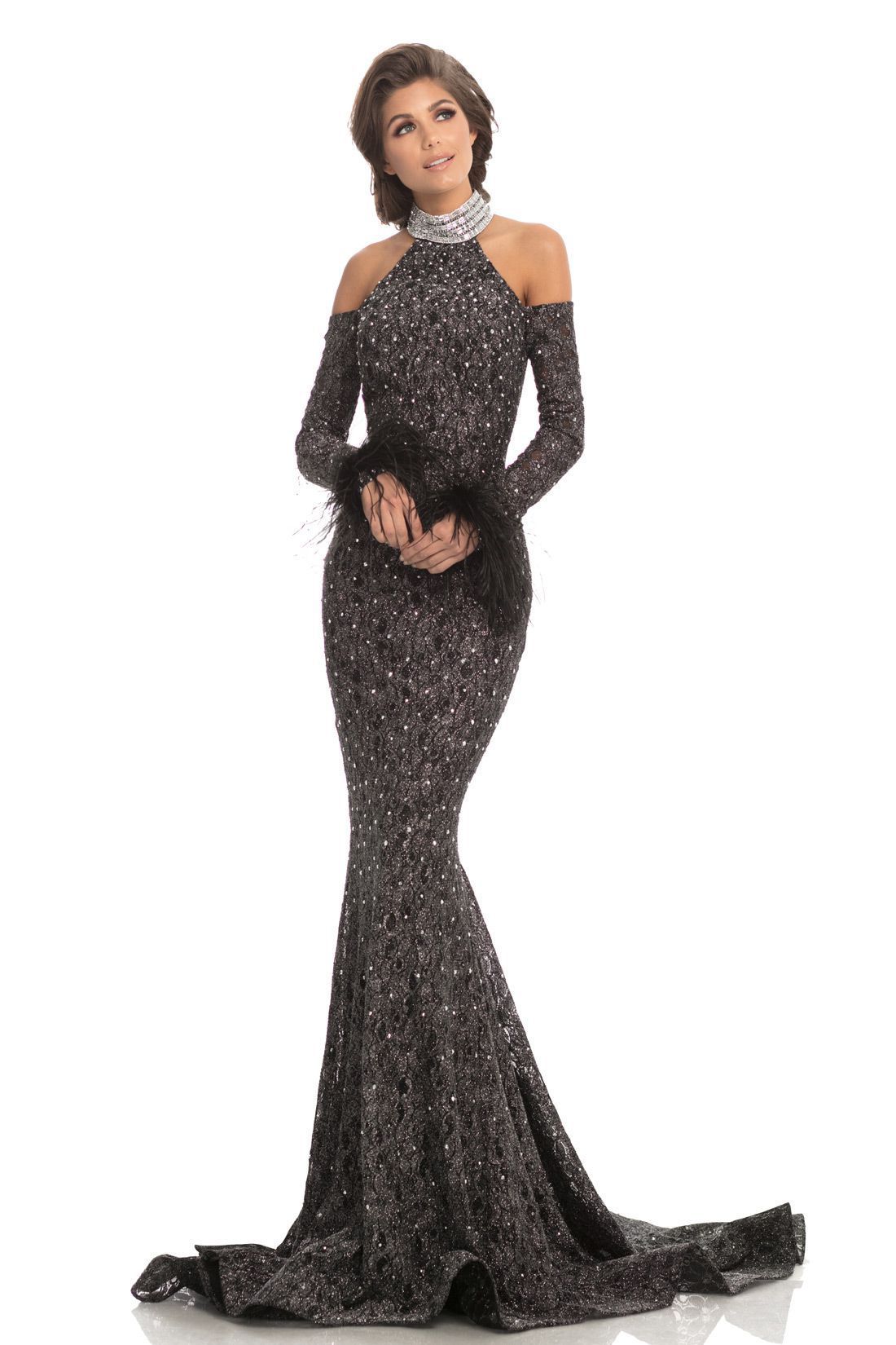 Style 8219 Johnathan Kayne Size 12 Prom Off The Shoulder Lace Black Mermaid Dress on Queenly