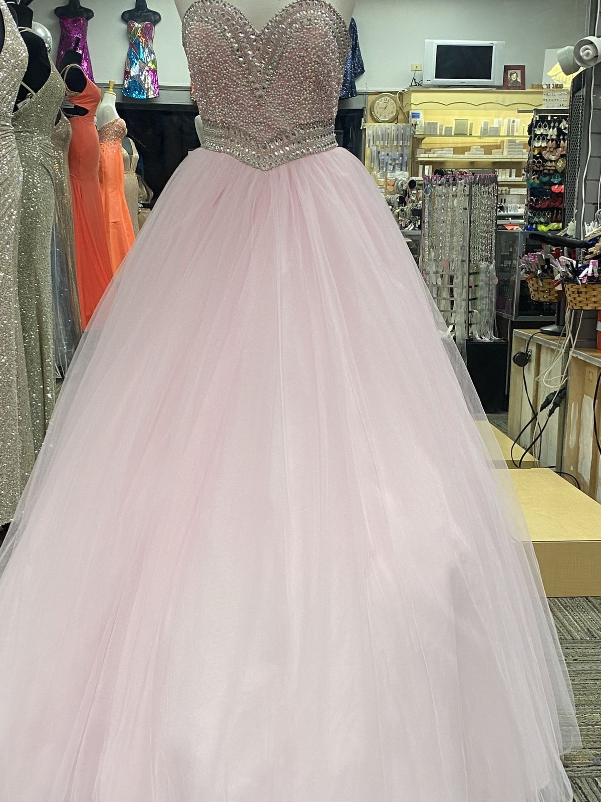 Style Q532 Allure Size 4 Pageant Strapless Sequined Light Pink Ball Gown on Queenly