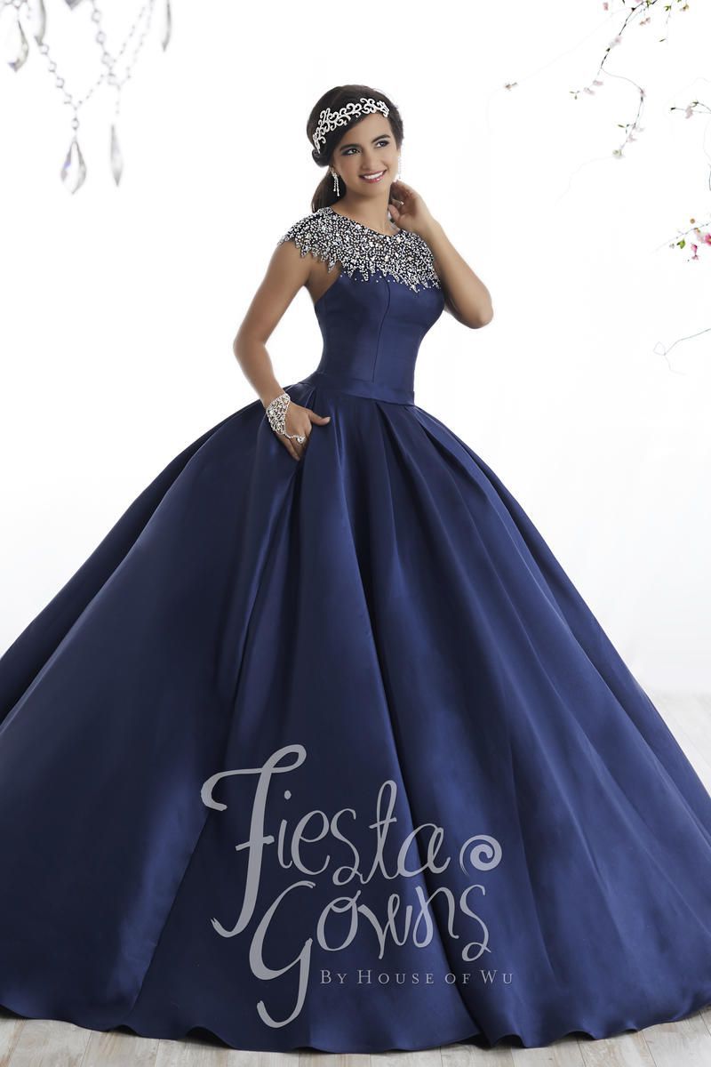 Style 56330 House of Wu Fiesta Size 10 Lace Navy Blue Ball Gown on Queenly