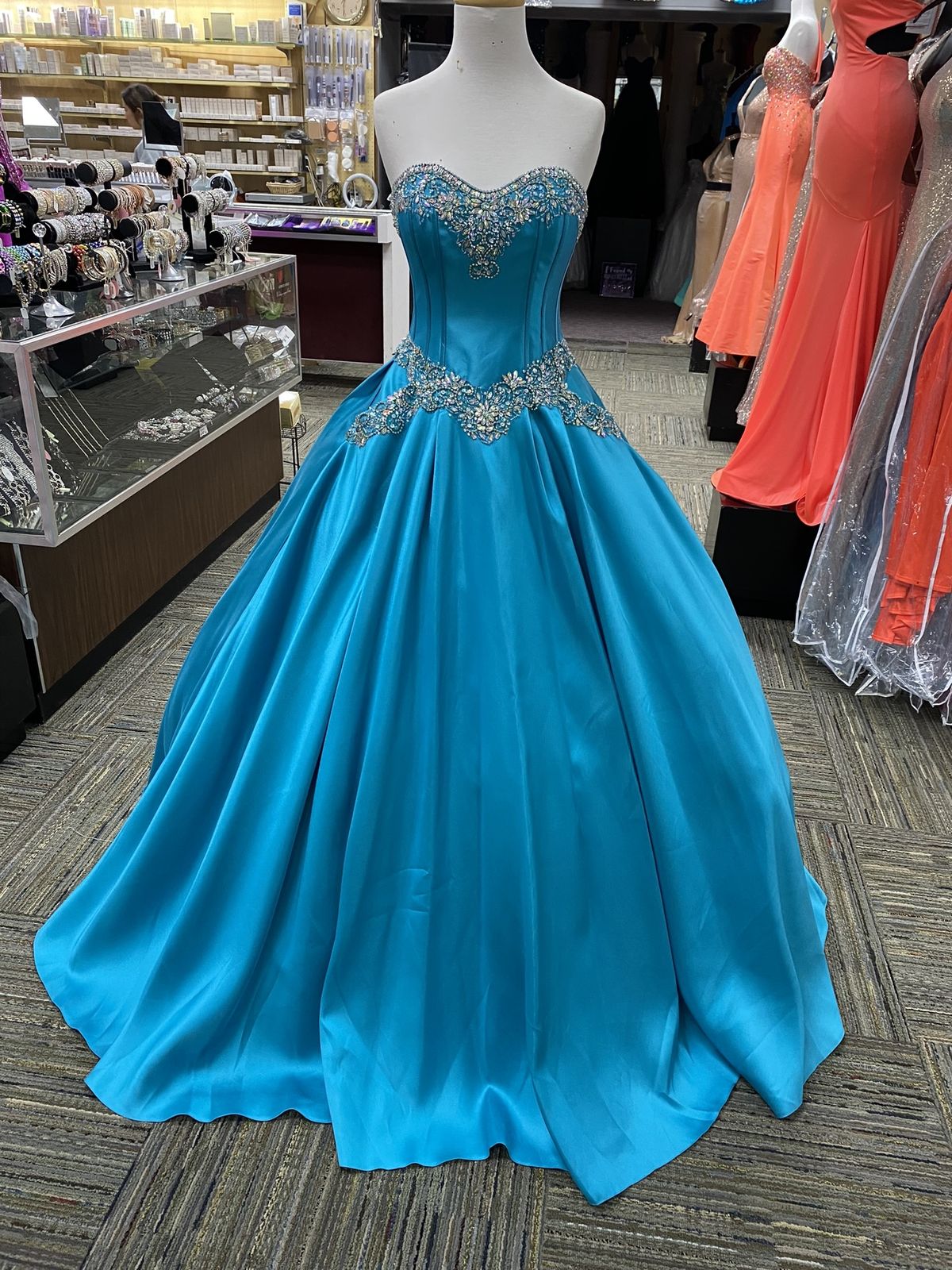 Style 56322 House of Wu Fiesta Size 4 Prom Strapless Satin Turquoise Blue Ball Gown on Queenly