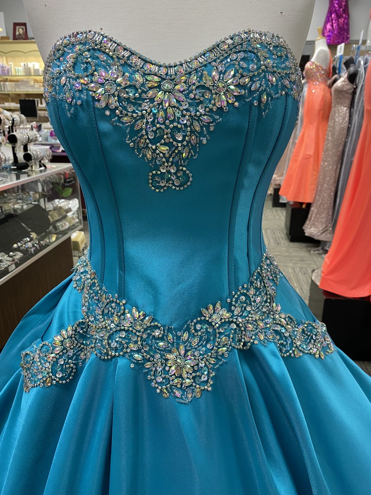 Style 56322 House of Wu Fiesta Size 4 Prom Strapless Satin Turquoise Blue Ball Gown on Queenly