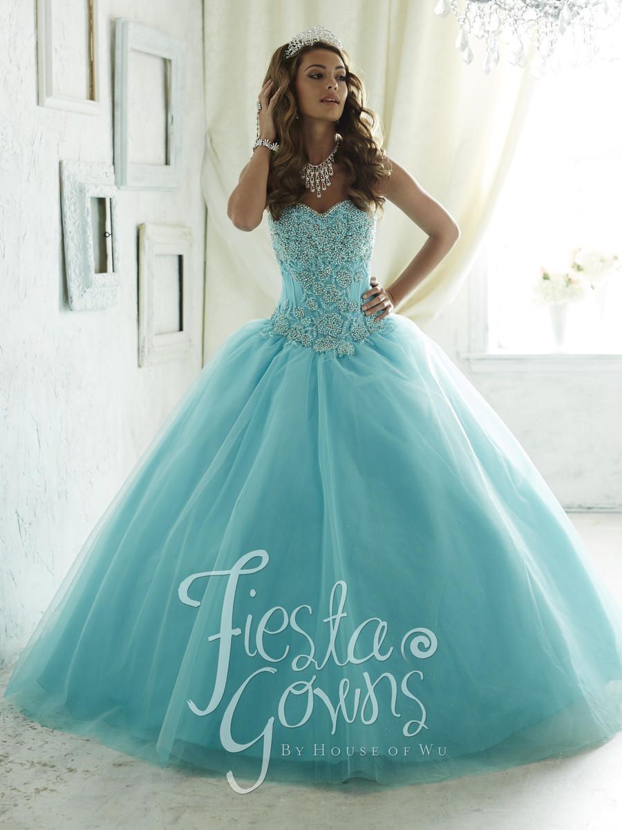 Style 56285 House of Wu Fiesta Size 12 Pageant Strapless Light Blue Ball Gown on Queenly