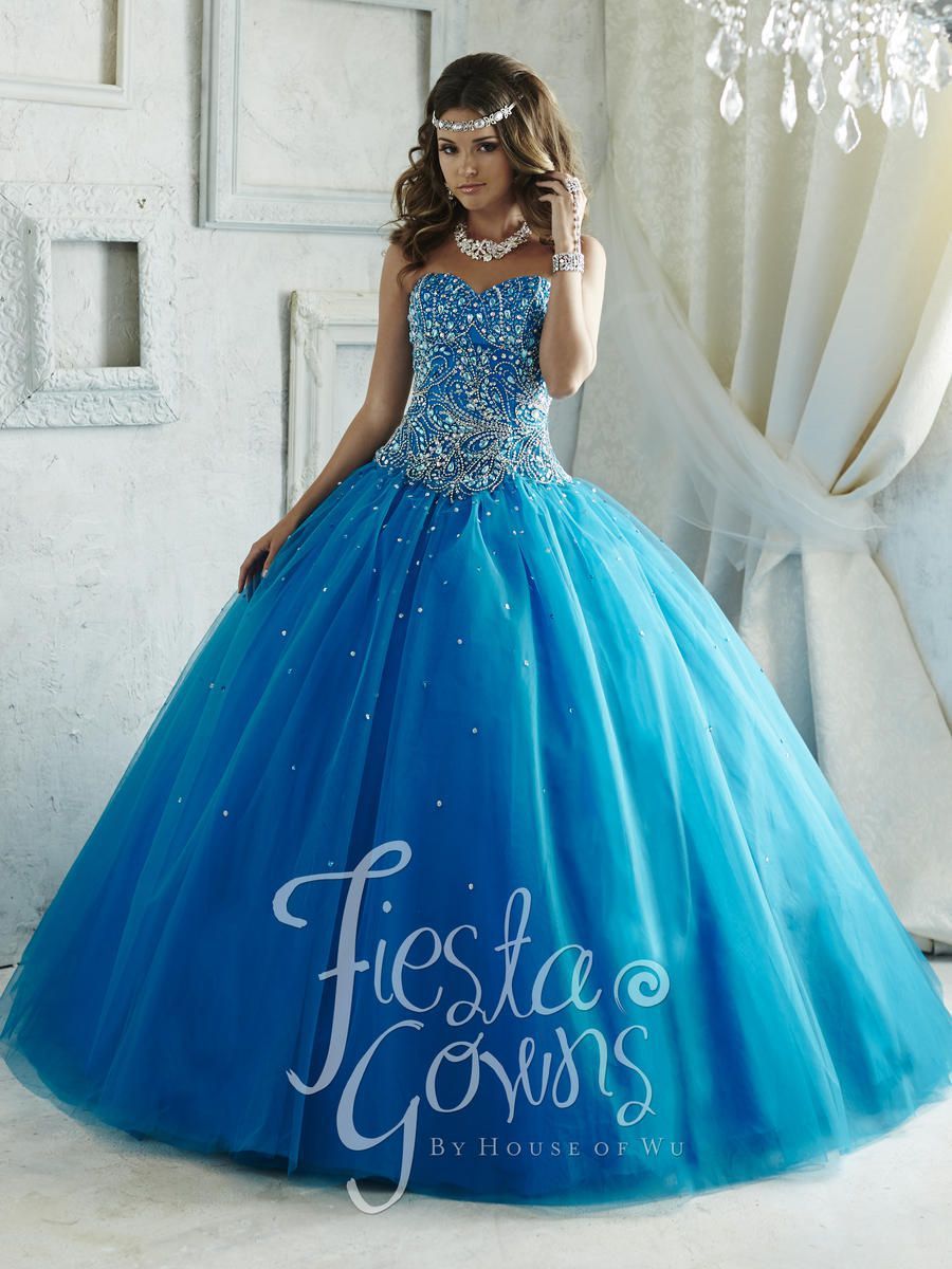 Style 56289 House of Wu Fiesta Size 0 Pageant Lace Turquoise Blue Ball Gown on Queenly