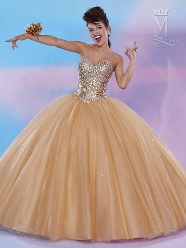 Style 4658 Mary's Size 6 Pageant Strapless Sheer Gold Ball Gown on Queenly