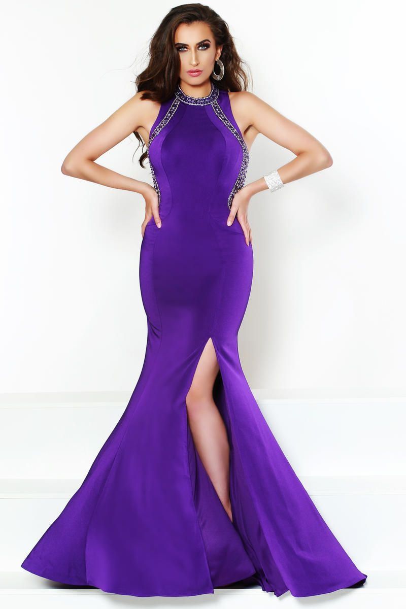 Style 81010 2Cute Prom Size 6 Prom Halter Purple Side Slit Dress on Queenly