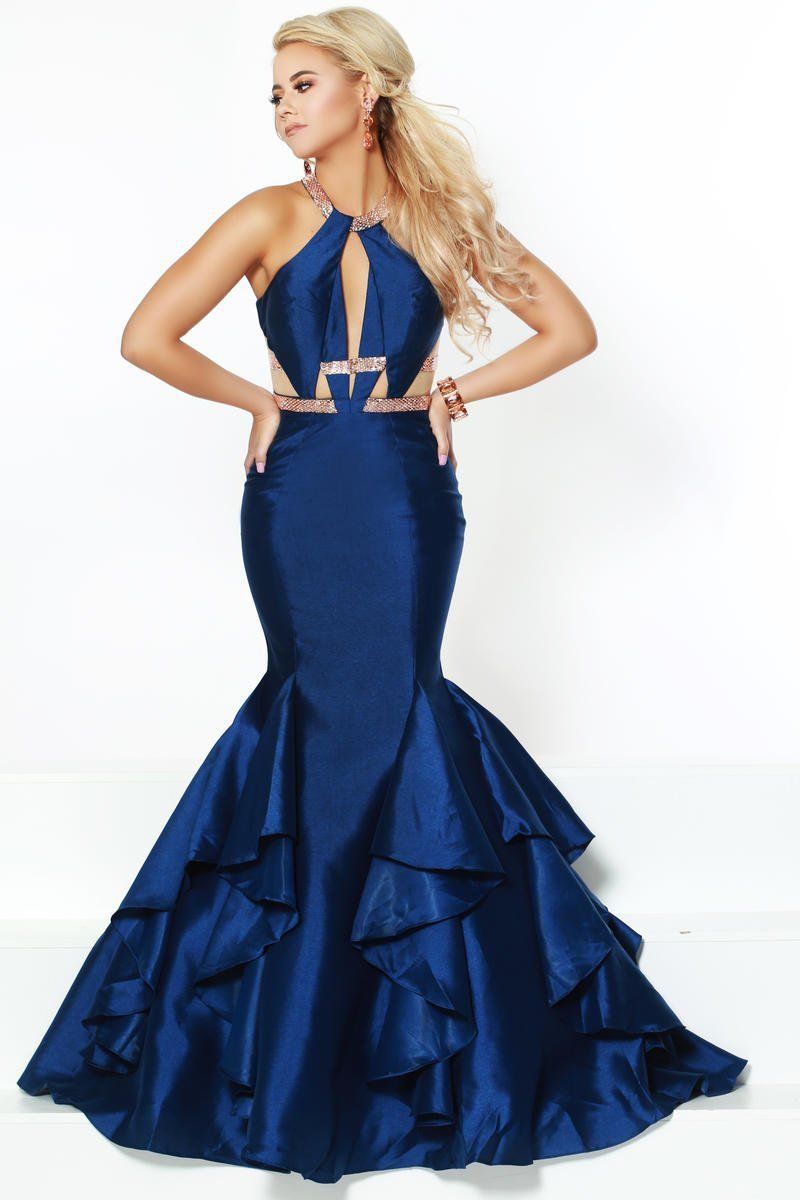 Style 81073 2Cute Prom Size 4 Prom Halter Navy Blue Mermaid Dress on Queenly