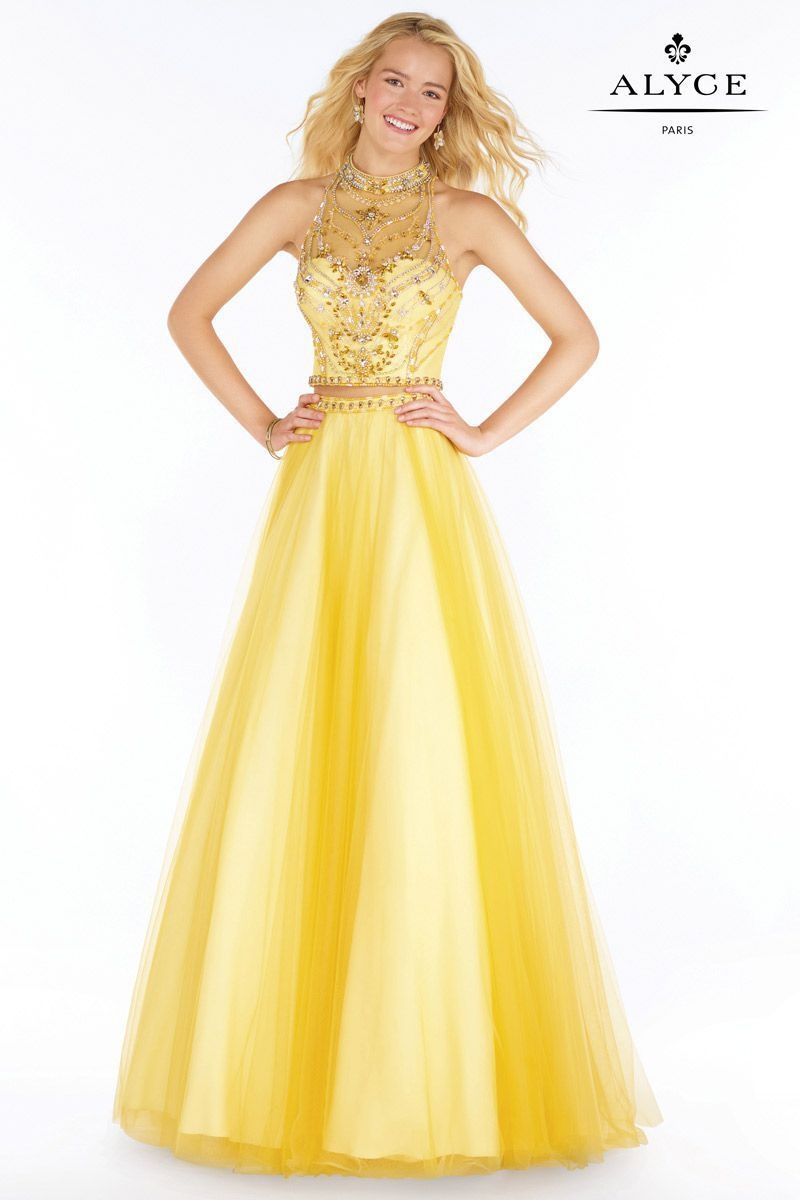 Style 6766 Alyce Paris Size 6 Prom Halter Yellow A-line Dress on Queenly