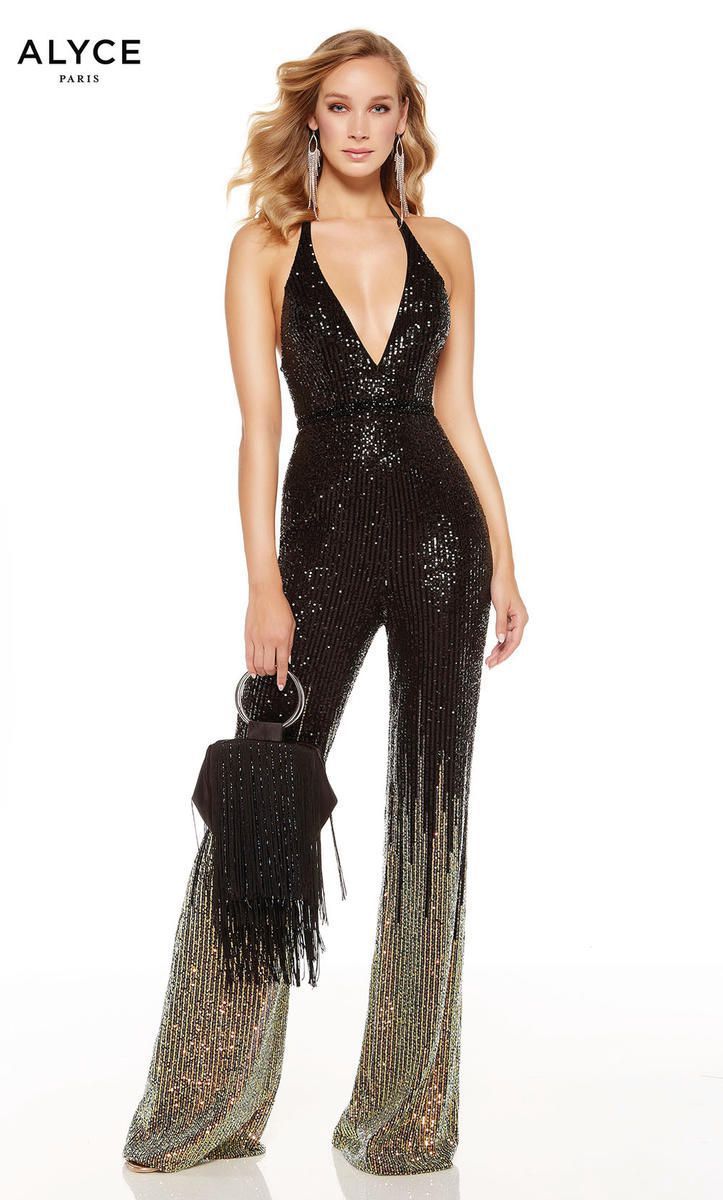 Style 60837 Alyce Paris Size 8 Prom Halter Sequined Black Formal Jumpsuit on Queenly