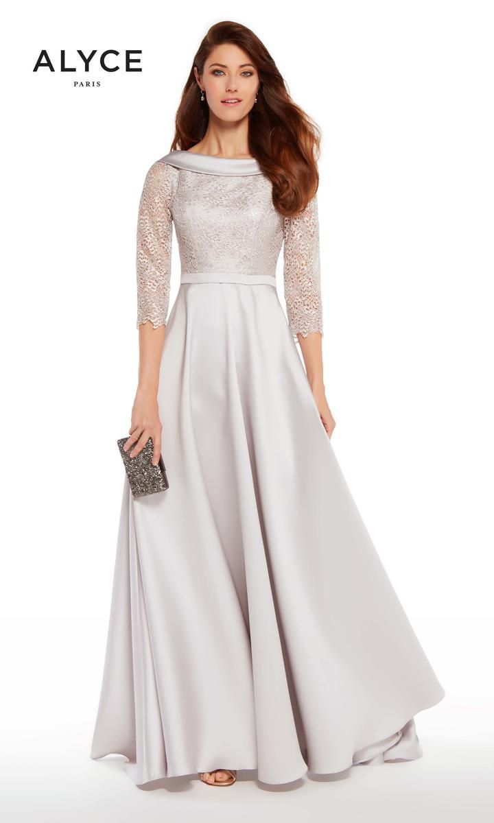 Style 27256 Alyce Paris Size 12 Prom Long Sleeve Lace Silver A-line Dress on Queenly