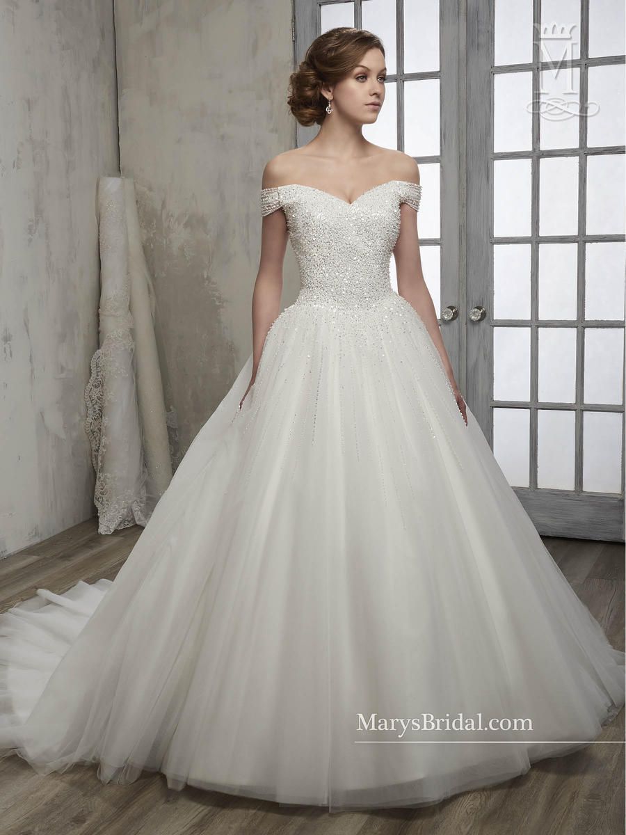 Style 6599 Mary's Size 6 Wedding Off The Shoulder Sequined White Ball Gown on Queenly