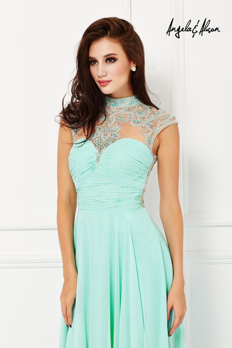 Style 61169 Angela and Alison Size 2 Prom High Neck Light Green Floor Length Maxi on Queenly