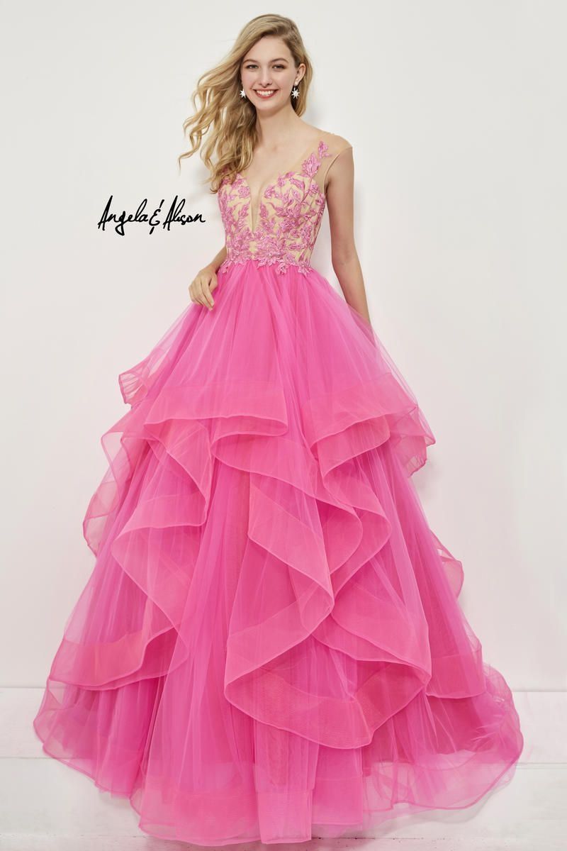 Style 81004 Angela and Alison Size 6 Prom Lace Hot Pink Ball Gown on Queenly