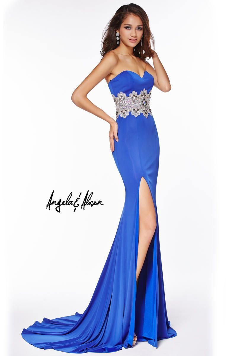Style 51026 Angela and Alison Size 0 Prom Strapless Royal Blue Side Slit Dress on Queenly