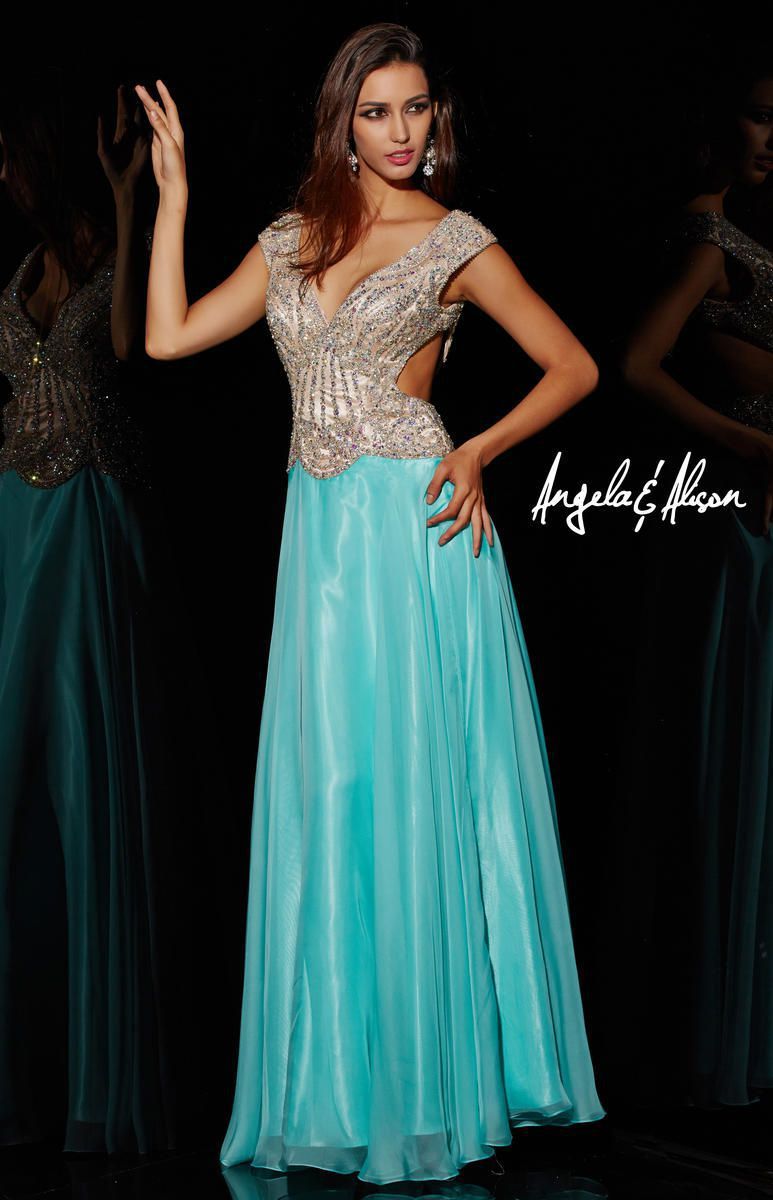 Style 51047 Angela and Alison Size 4 Prom Turquoise Blue A-line Dress on Queenly