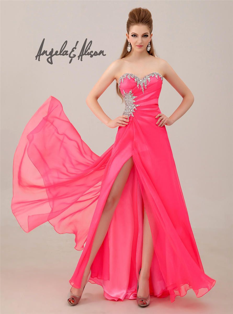 Style 41068 Angela and Alison Size 0 Prom Strapless Sequined Hot Pink Side Slit Dress on Queenly