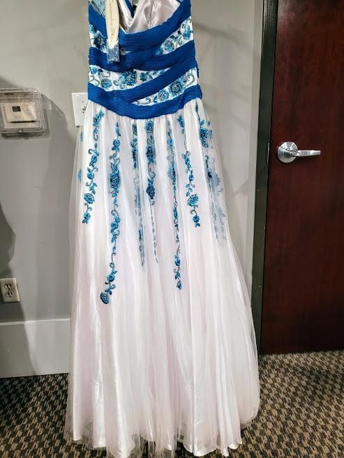 Style 71533 Mac Duggal Size 8 Prom Strapless Floral Blue A-line Dress on Queenly