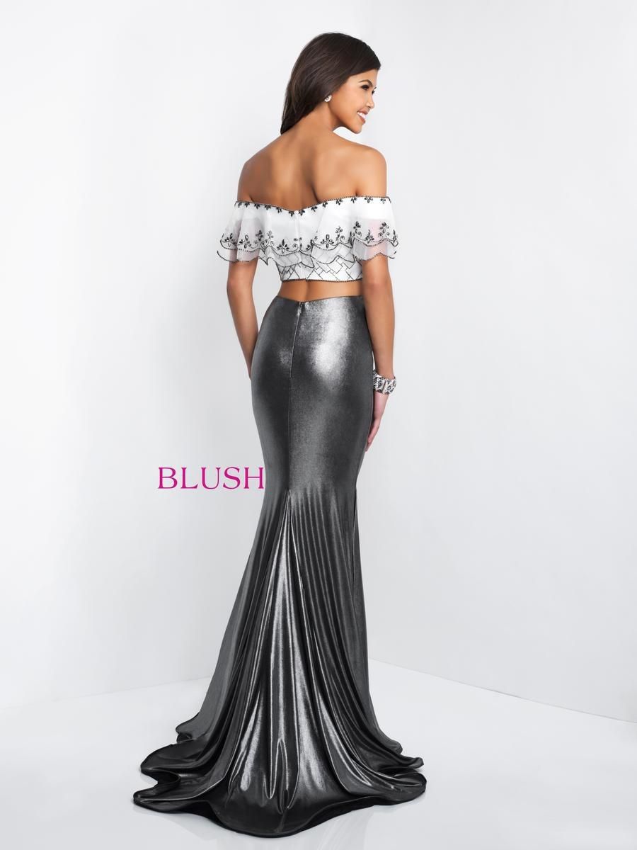 Style 11558 Blush Prom Size 0 Prom Off The Shoulder Silver Mermaid Dress on Queenly