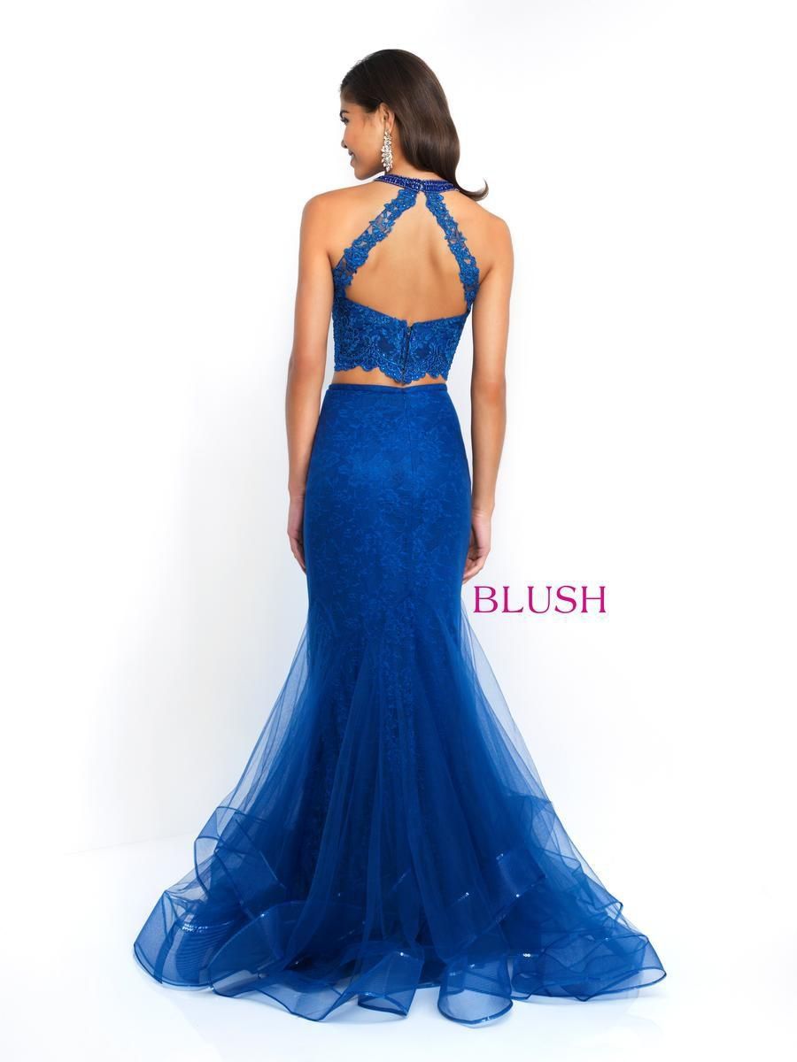Style 11520 Blush Prom Size 10 Prom Halter Lace Navy Blue Mermaid Dress on Queenly