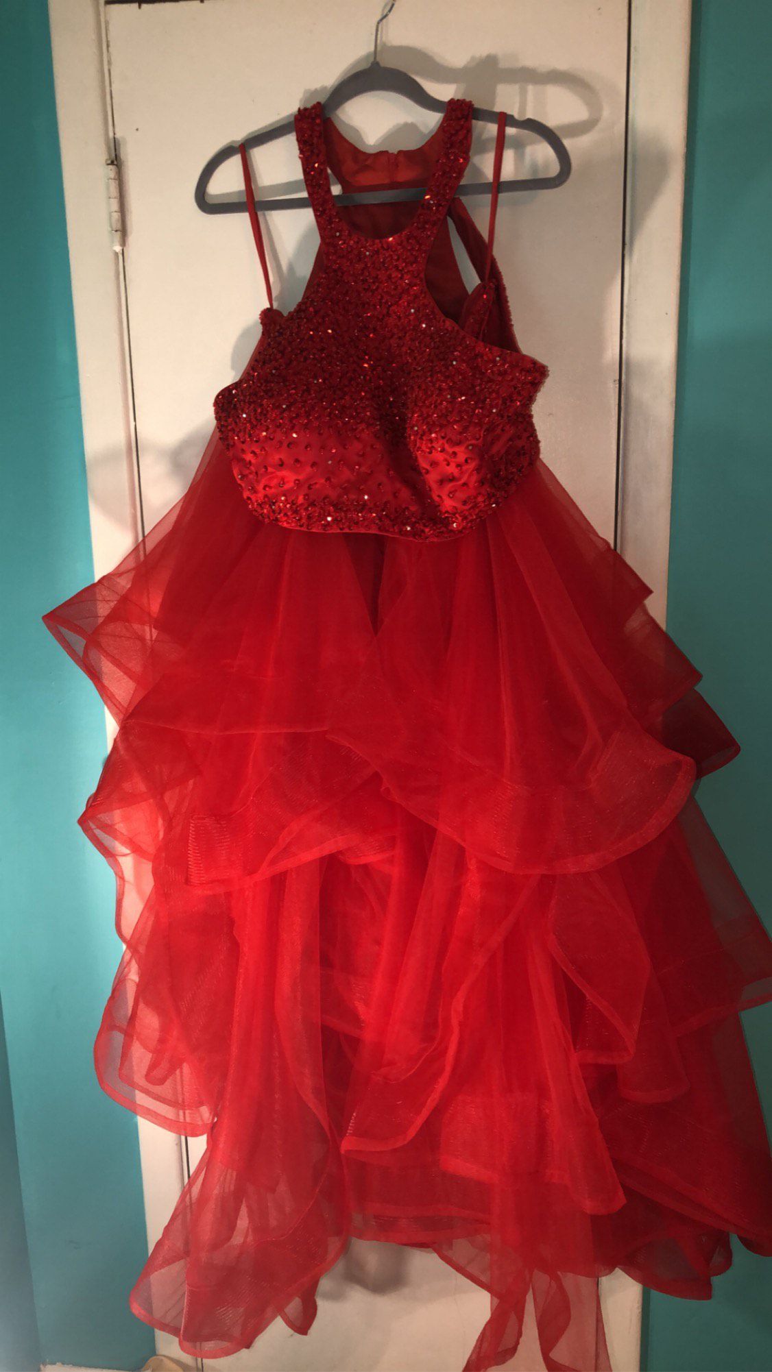 Plus Size 18 Prom High Neck Red Ball Gown on Queenly