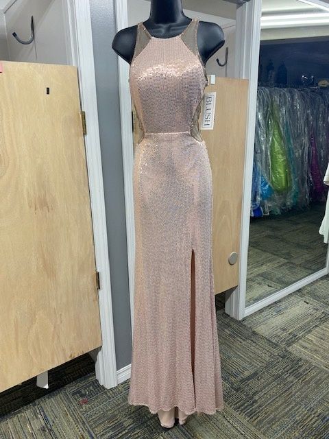 Style 11987 Blush Prom Pink Size 2 Shiny Halter Side slit Dress on Queenly