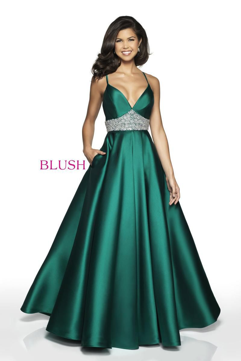 Style C2006 Blush Prom Size 6 Prom Plunge Satin Emerald Green Ball Gown on Queenly