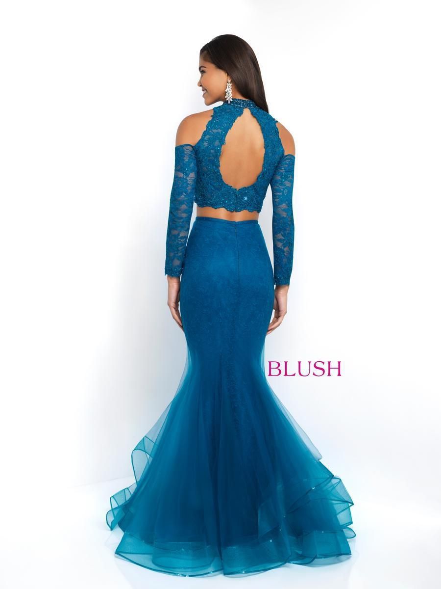 Style 11586 Blush Prom Size 10 Prom Long Sleeve Lace Blue Mermaid Dress on Queenly