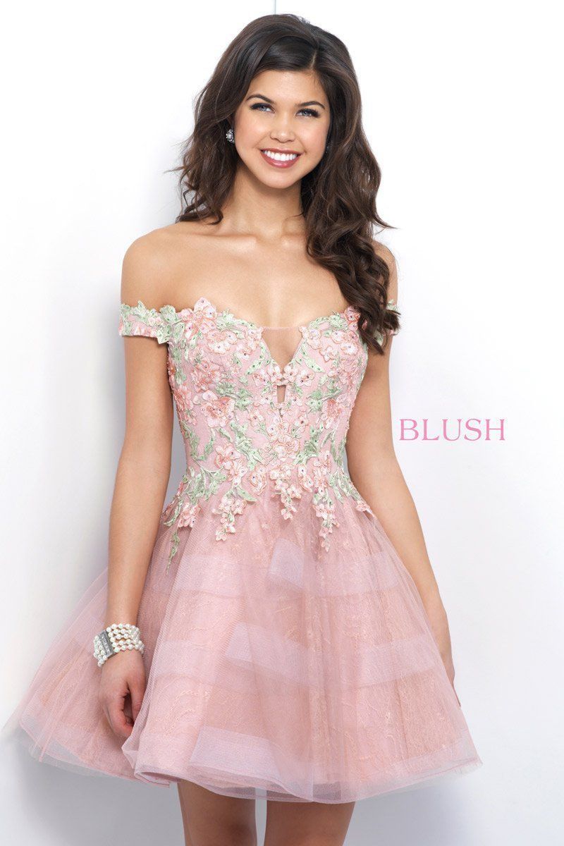 Style 11382 Blush Prom Size 2 Prom Off The Shoulder Sequined Light Pink Cocktail Dress on Queenly