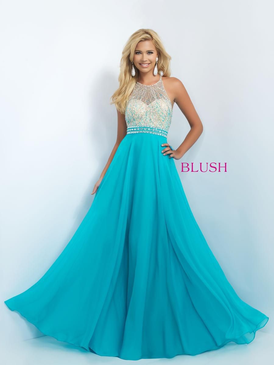 Style 11052 Blush Prom Size 6 Prom Halter Turquoise Blue A-line Dress on Queenly