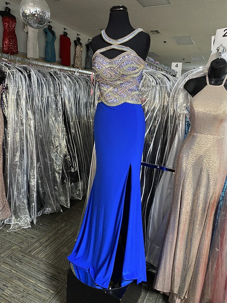 Style 11030 Blush Prom Size 2 Prom High Neck Sequined Royal Blue Side Slit Dress on Queenly