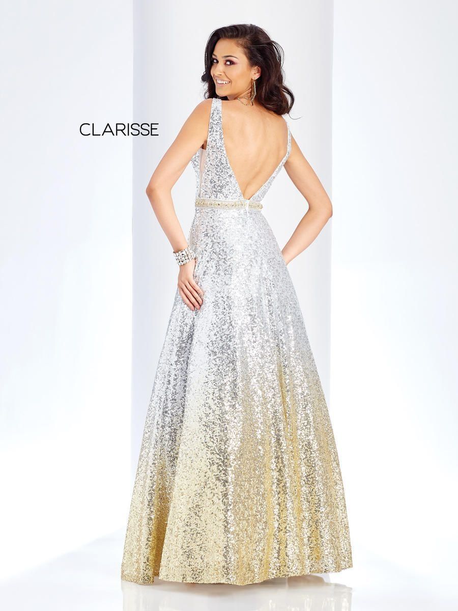 Style 3589 Clarisse Size 6 Prom Plunge Sequined Silver Ball Gown on Queenly