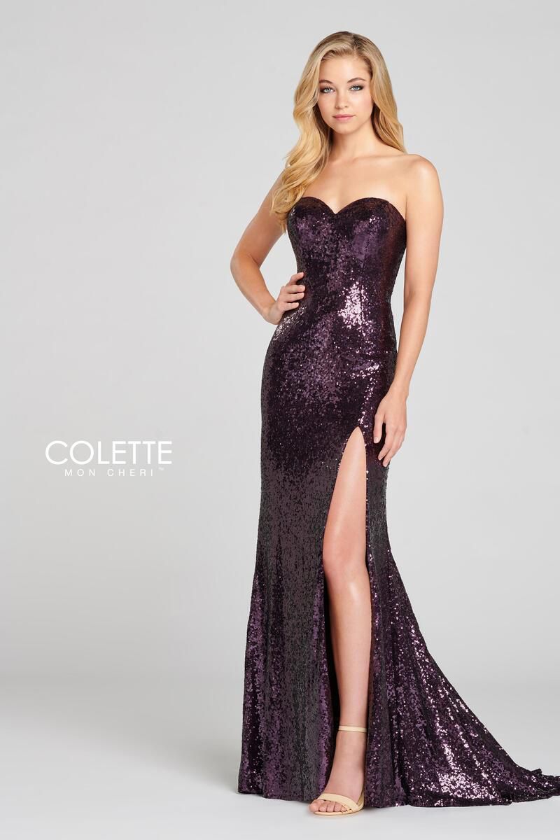 Style CL12118 Mon Cheri Purple Size 12 Strapless Train Prom Side slit Dress on Queenly