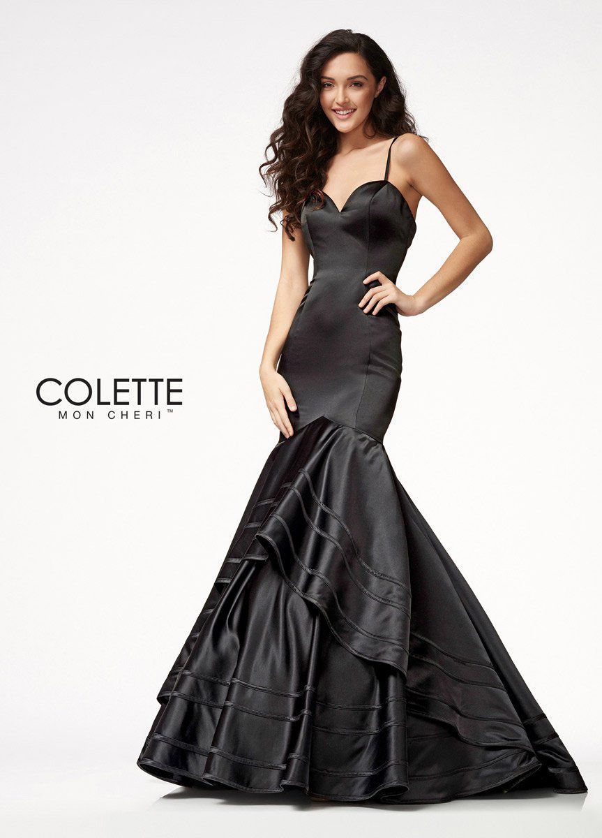 Style CL21714 Mon Cheri Size 12 Prom Satin Black Mermaid Dress on Queenly