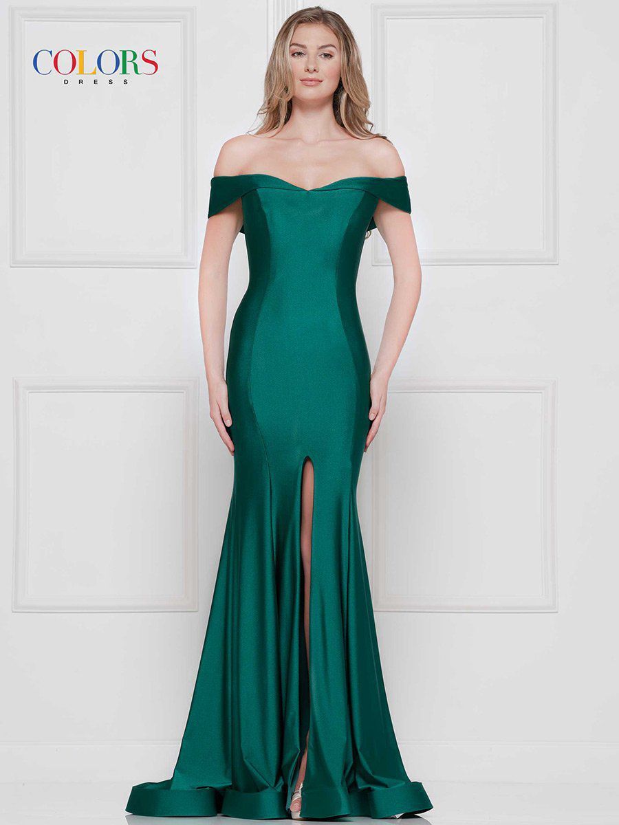Style 2107 Colors Plus Size 16 Prom Off The Shoulder Emerald Green Side Slit Dress on Queenly