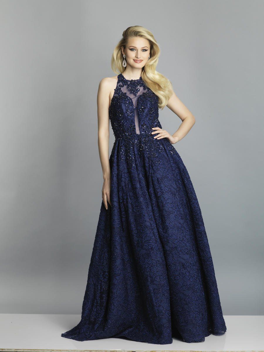 Style A7565 Dave and Johnny Size 0 Prom Halter Lace Navy Blue Ball Gown on Queenly