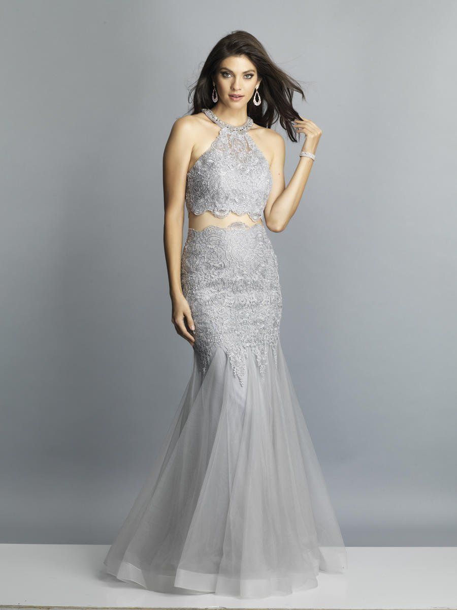 Style A7642 Dave and Johnny Size 6 Prom Halter Silver Mermaid Dress on Queenly