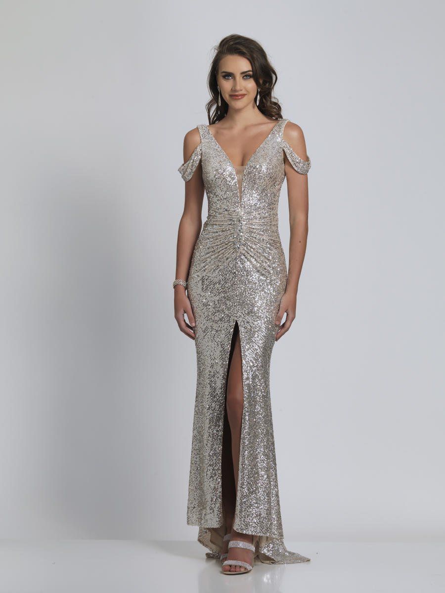 Style A8750 Dave and Johnny Size 14 Prom Off The Shoulder Silver Side Slit Dress on Queenly